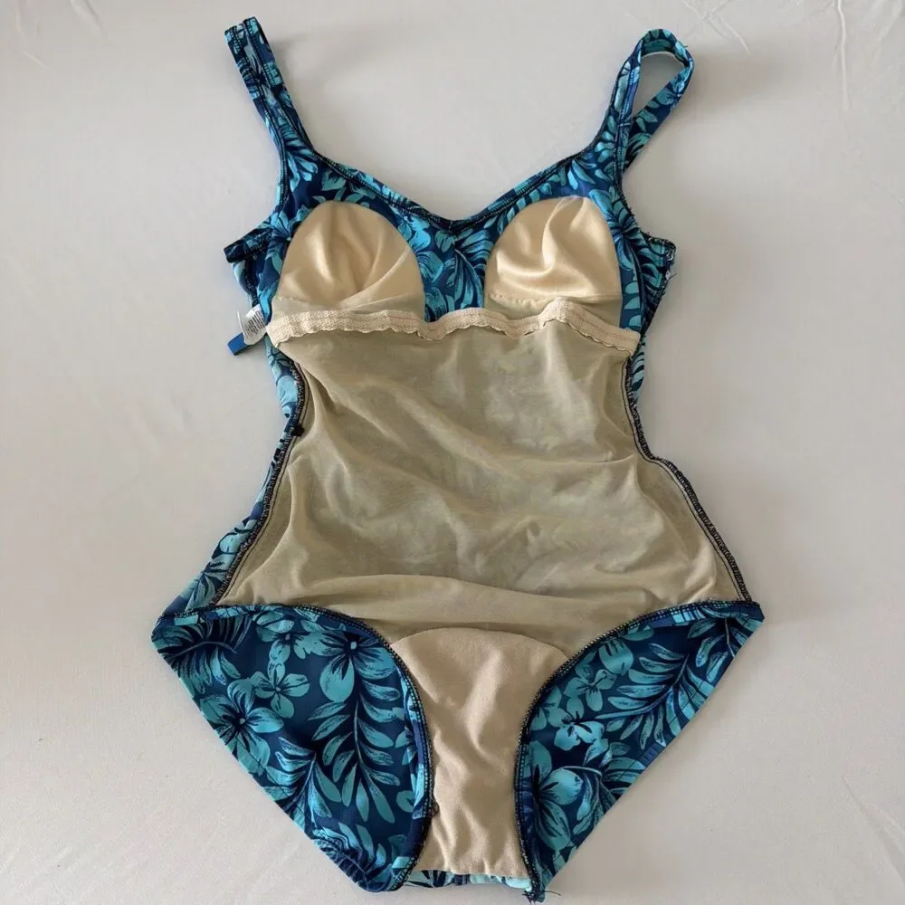 Vtg Maxine of Hollywood Sz 12 Blue Floral One Piece Swimsuit Ruched Tropical 90s